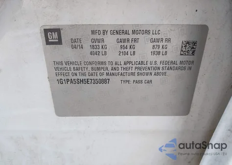 2014 Chevrolet Cruze Ls Auto из США, поврежденный, VIN 1G1PA5SH5E7350887